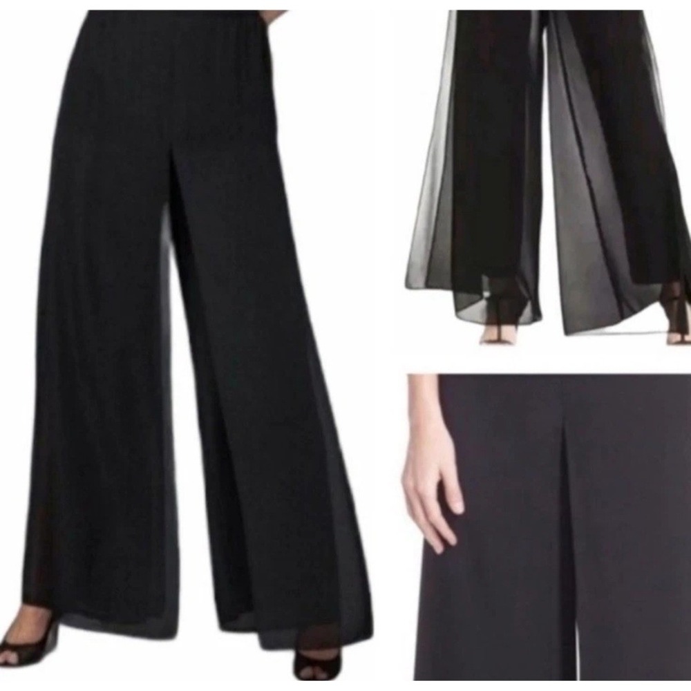 2X Black Chiffon PALAZZO PANTS Wide-Leg Formal Party Feminine Trousers Lined